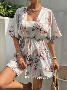 Floral Print Pom Pom Trim Drawstring Waist Kimono - White - View 6