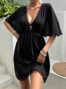 Swim Vcay Pom Pom Trim Tie Front Cover Up Swimsuit Cover Up Dress,Summer Beach - Black - View 6