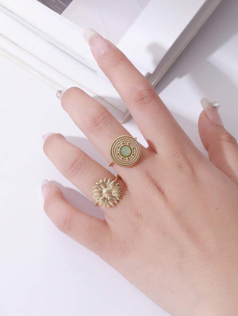 1套石頭和向日葵裝飾開口戒指 - 彩色 - 查看 1