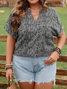 SHEIN Franclia Plus Notched Neckline Batwing Sleeve Blouse - Black - View 3