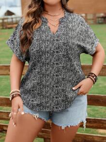 SHEIN Franclia Plus Notched Neckline Batwing Sleeve Blouse - Black - View 4