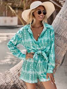 SHEIN VCAY Tie Dye Drop Shoulder Blouse & Shorts - Green - View 5