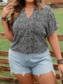 SHEIN Franclia Plus Notched Neckline Batwing Sleeve Blouse - Black - View 5