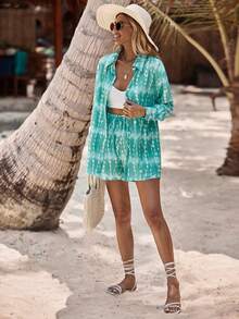 SHEIN VCAY Tie Dye Drop Shoulder Blouse & Shorts - Green - View 6