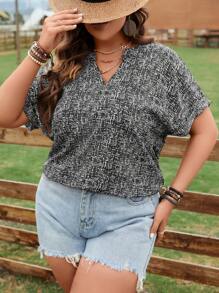 SHEIN Franclia Plus Notched Neckline Batwing Sleeve Blouse - Black - View 6