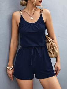 SHEIN LUNE Solid Knot Front Cami Romper - Navy Blue - View 6