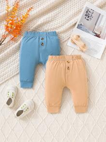 SHEIN Bé trai sơ sinh 2 Miếng Chi tiết Nút Quần thể thao - Nhiều màu - Xem 1