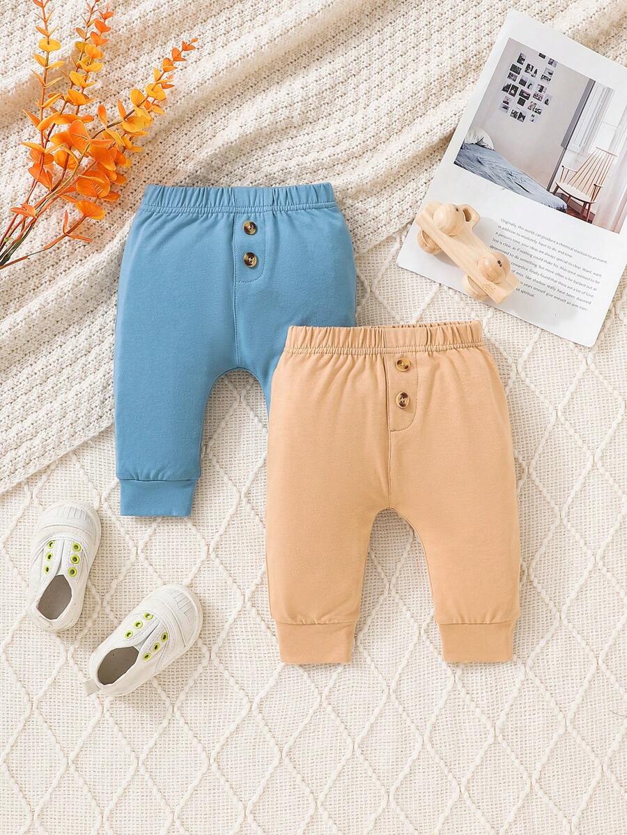 SHEIN Bé trai sơ sinh 2 Miếng Chi tiết Nút Quần thể thao - Nhiều màu - Xem 1