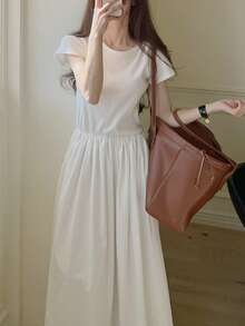 Vestido línea A unicolor de cuello redondo - Blanco - Ver 4