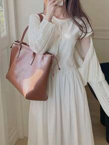 Vestido línea A unicolor de cuello redondo - Blanco - Ver 5