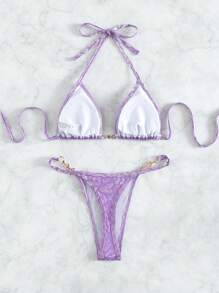 SHEIN Swim Summer Beach Leopard Print Faux Pearl Decor Triangle Bikini - Violet Purple - View 6