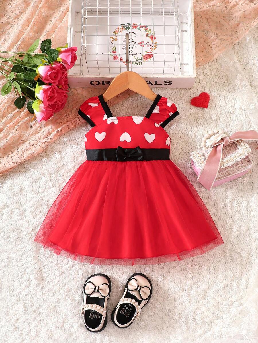 Baby Heart Print Bow Front Mesh Overlay Dress - Red - View 1