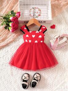 Baby Heart Print Bow Front Mesh Overlay Dress - Red - View 2