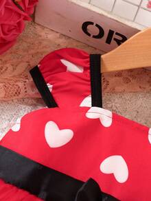 Baby Heart Print Bow Front Mesh Overlay Dress - Red - View 3