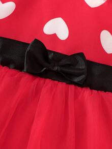 Baby Heart Print Bow Front Mesh Overlay Dress - Red - View 4