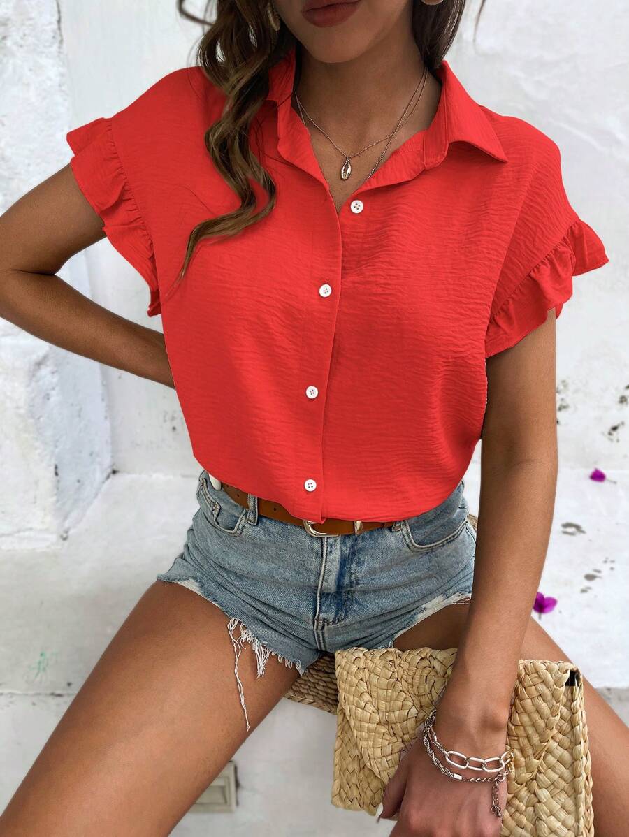 EMERY ROSE Solid Button Front Flounce Sleeve Shirt - Orange - View 1