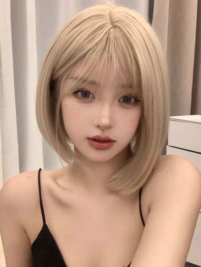 1pc 12'' Synthetic Heat-resistant Blonde Straight Hairpiece With Bangs, Made Of Fiber, Suitable For Daily Wear, Natural & Realistic Looking Wig