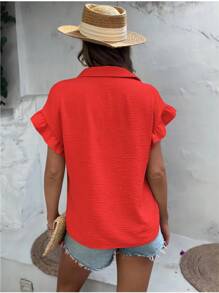 EMERY ROSE Solid Button Front Flounce Sleeve Shirt - Orange - View 2