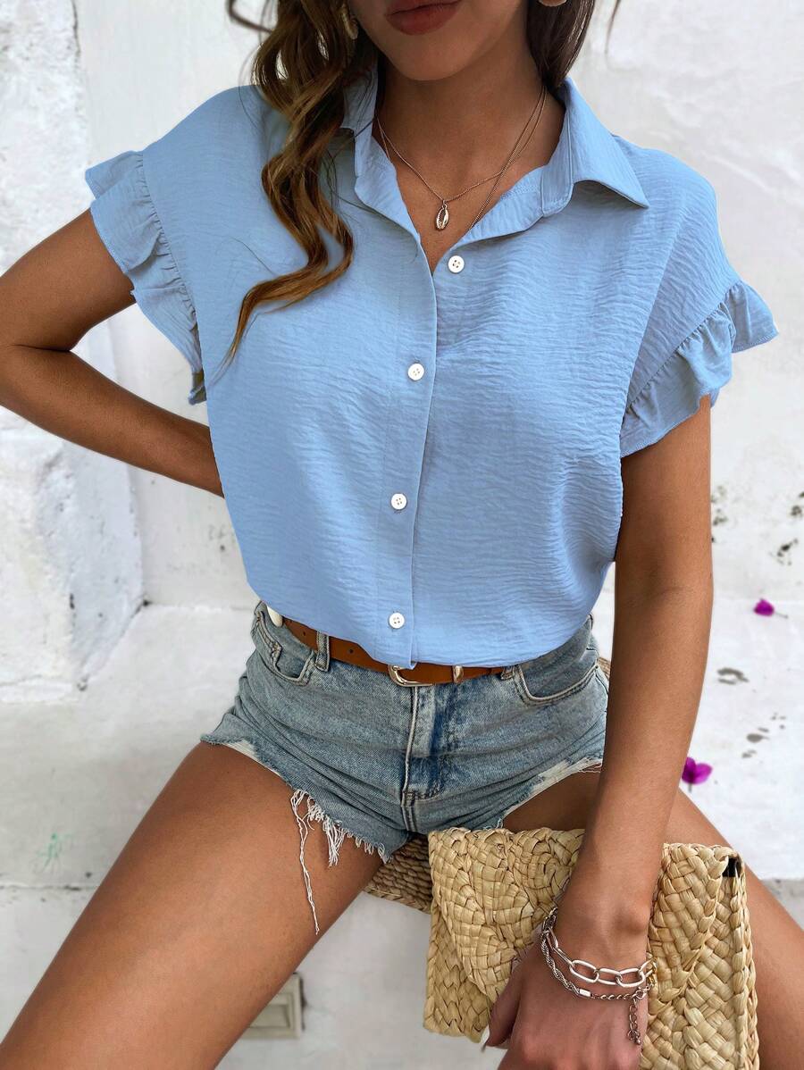 EMERY ROSE Solid Flounce Sleeve Button Front Shirt - Baby Blue - View 1