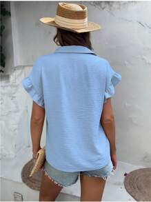 EMERY ROSE Solid Flounce Sleeve Button Front Shirt - Baby Blue - View 2