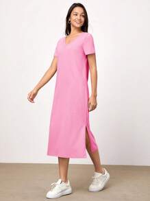 SHEIN BASICS V Cuello Vestido De Camiseta Sólido - Rosa - Ver 4