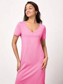 SHEIN BASICS V Cuello Vestido De Camiseta Sólido - Rosa - Ver 5