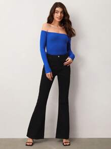 SHEIN BASICS Off Shoulder Solid Fitted Tee - Blue - View 5