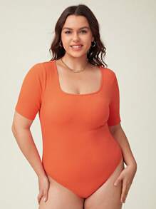 SHEIN BASICS Plus Solid Scoop Neck Bodysuit - Orange - View 1