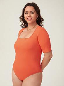 SHEIN BASICS Plus Solid Scoop Neck Bodysuit - Orange - View 3