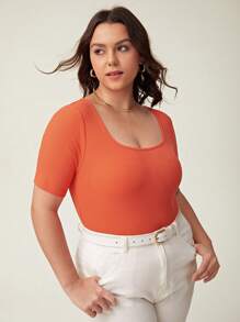SHEIN BASICS Plus Solid Scoop Neck Bodysuit - Orange - View 4