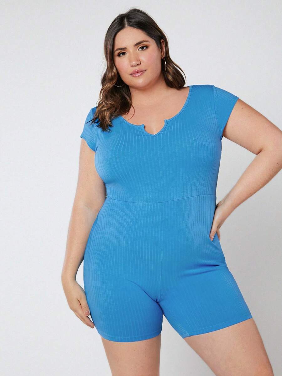 SHEIN BASICS Hơn Đường viền cổ có rãnh Đồ đan Ribbed Quần áo nịt Romper - Màu xanh lam - Xem 1