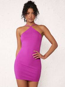 SHEIN BASICS 素色羅紋針織緊身連衣裙 - 中紫紅色 - 查看 7