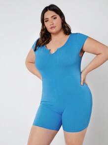 SHEIN BASICS Hơn Đường viền cổ có rãnh Đồ đan Ribbed Quần áo nịt Romper - Màu xanh lam - Xem 5