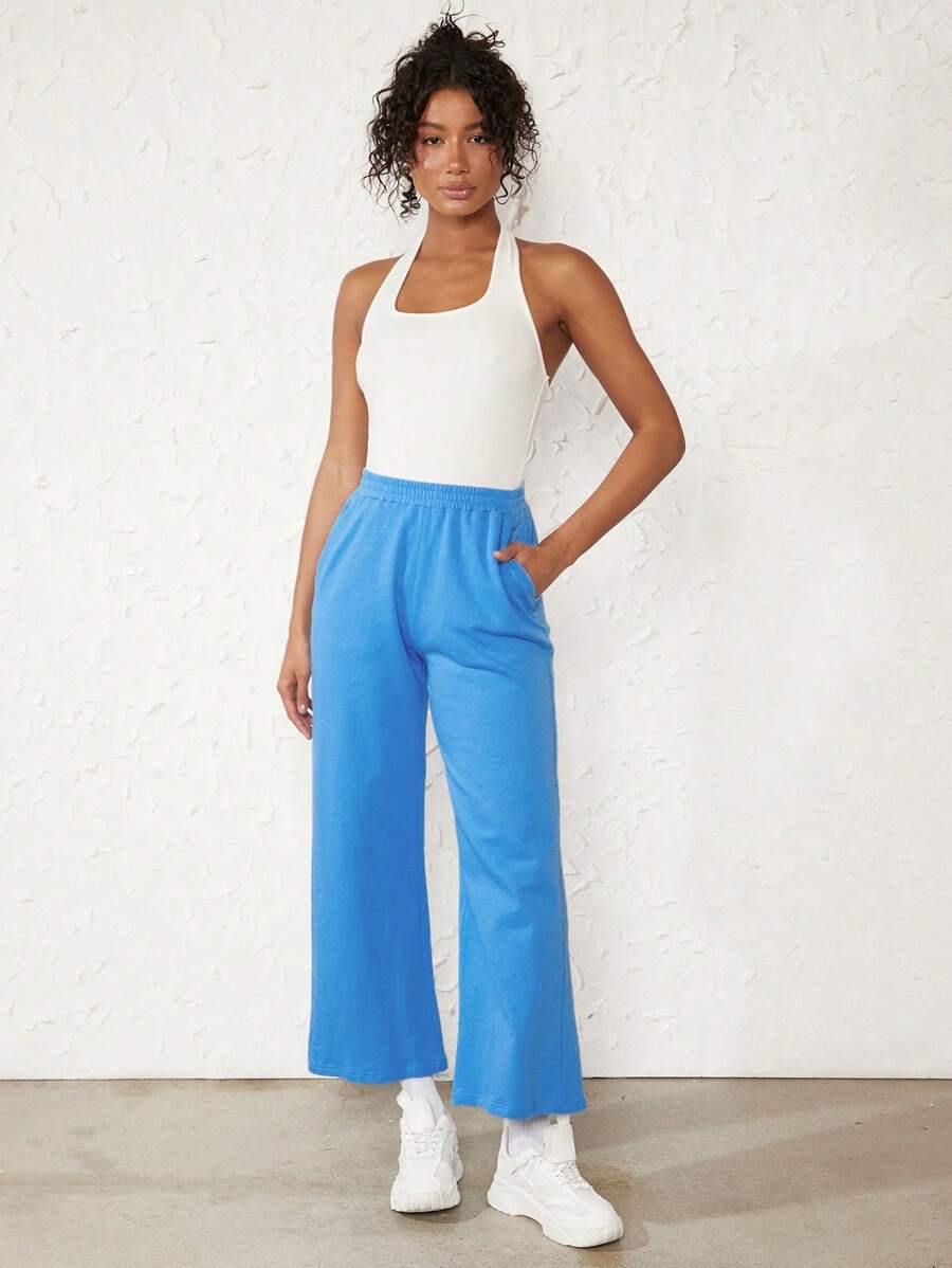 SHEIN BASICS 100% Cotton Solid Slant Pocket Joggers - Blue - View 1