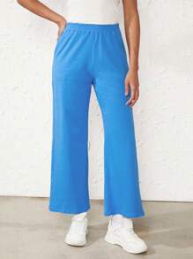 SHEIN BASICS 100% Cotton Solid Slant Pocket Joggers - Blue - View 9