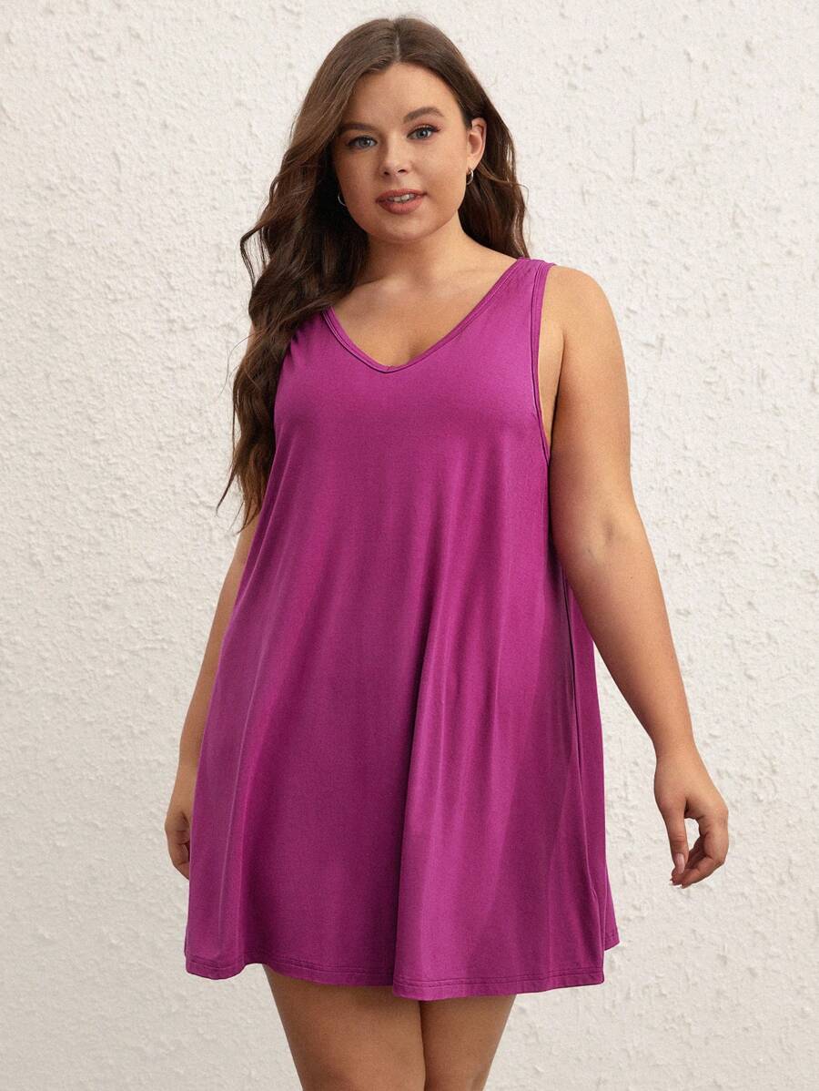SHEIN BASICS Plus Solid Tank Dress - Red Violet - View 1