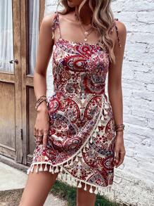 SHEIN VCAY Đầm mép Thắt nút Paisley Boho - Nhiều màu - Xem 3