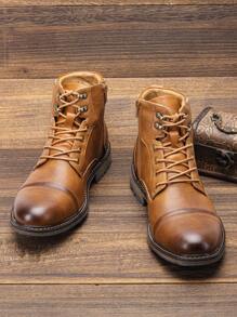 男士复古靴，拼色皮革鞋面，橡胶双色防滑鞋底，内拉链，户外休闲踝靴，米色缝线 - 棕色 - 查看 5