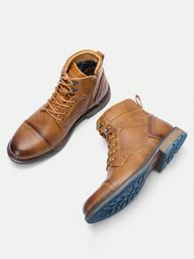 男士复古靴，拼色皮革鞋面，橡胶双色防滑鞋底，内拉链，户外休闲踝靴，米色缝线 - 棕色 - 查看 6