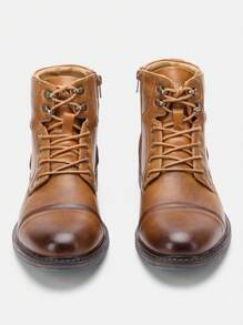 男士复古靴，拼色皮革鞋面，橡胶双色防滑鞋底，内拉链，户外休闲踝靴，米色缝线 - 棕色 - 查看 7