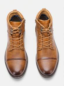 男士复古靴，拼色皮革鞋面，橡胶双色防滑鞋底，内拉链，户外休闲踝靴，米色缝线 - 棕色 - 查看 8