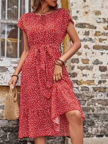 SHEIN LUNE Vestido con mangas de murciélago, volantes y cinturón con estampado de corazones para mujer, atuendo de Año Nuevo talla maxi - Rojo - Ver 7