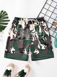 SHEIN Boys Camo & Letter Graphic Drawstring Waist Shorts - Multicolor - View 1