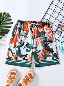 SHEIN Boys Camo Print Striped Trim Drawstring Waist Shorts - Multicolor - View 1