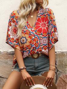 Breezaya Floral Print Batwing Sleeve Blouse Women Shirt - Multicolor - View 3
