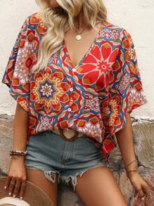 Breezaya Floral Print Batwing Sleeve Blouse Women Shirt - Multicolor - View 4
