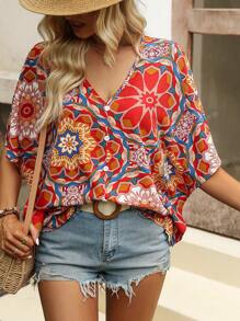 Breezaya Floral Print Batwing Sleeve Blouse Women Shirt - Multicolor - View 5