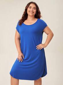 SHEIN BASICS Plus Solid Batwing Sleeve Tee Dress - Royal Blue - View 1
