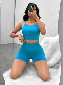 素色寬腰帶運動套裝 - 藍色 - 查看 1