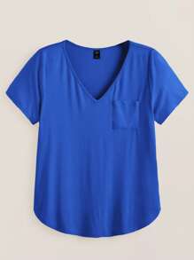 SHEIN BASICS Plus Solid Pocket Patched Tee - Royal Blue - View 3